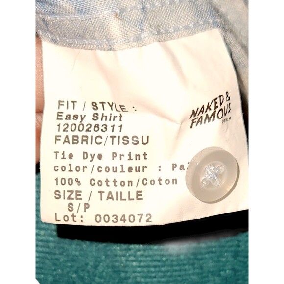 Naked And Famous 100% Cotton Shirt Small Canada Blue Tie Dye Print Unisex - Picture 6 of 7